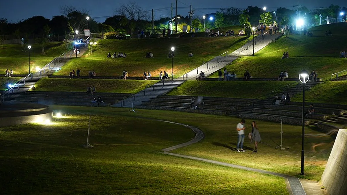 大肚藍色公路夜間草坡與步道燈光